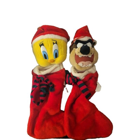 Vtg 90s Tasmanian Devil Tweety Bird Christmas Stocking 22"  Plush - Picture 1 of 10